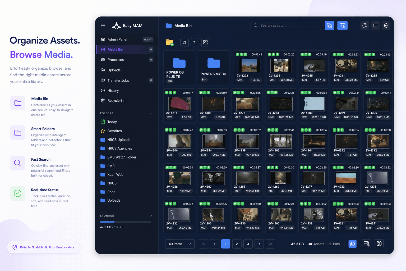 Easy MAM media bin with folder tree and asset grid