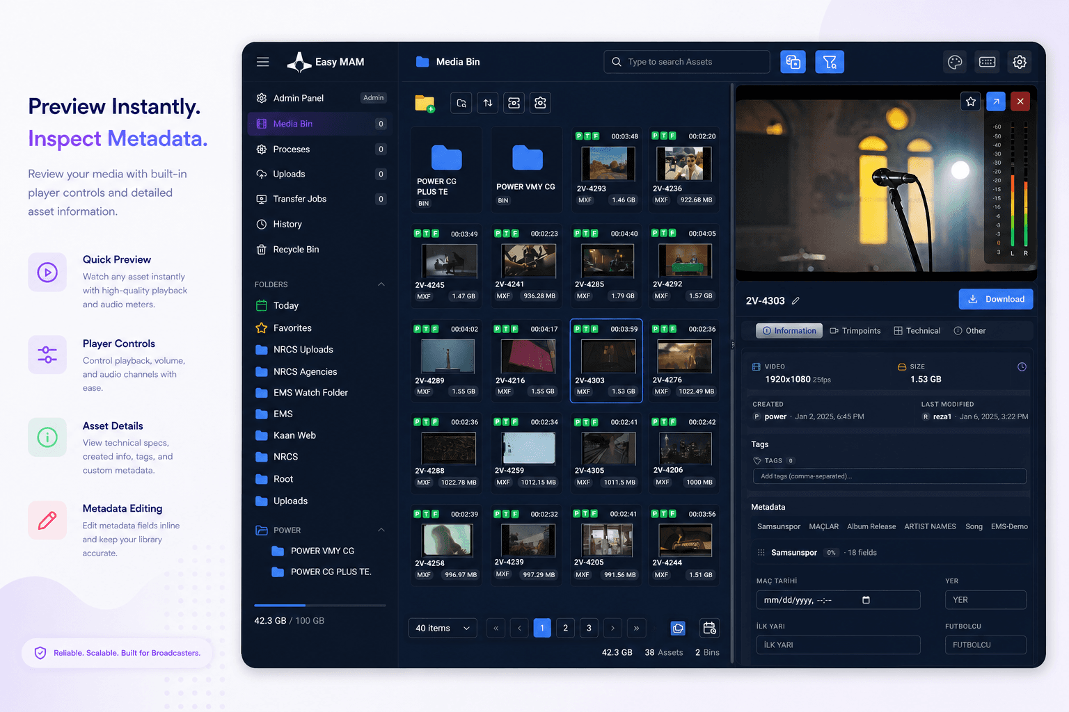 Easy MAM quick preview interface with media grid, player, metadata tabs and asset details