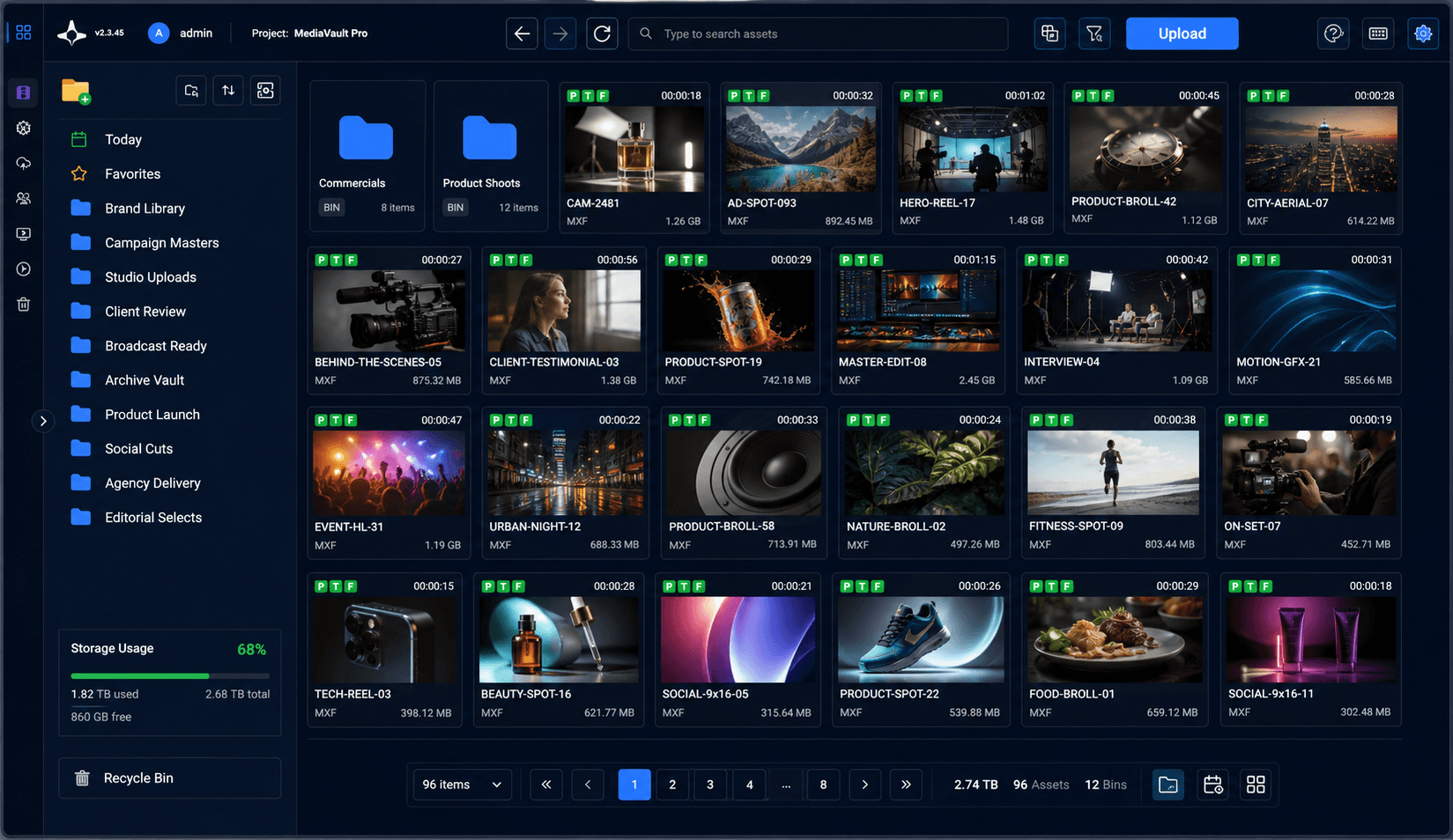 Media asset management interface with folders, asset cards, search controls and upload tools